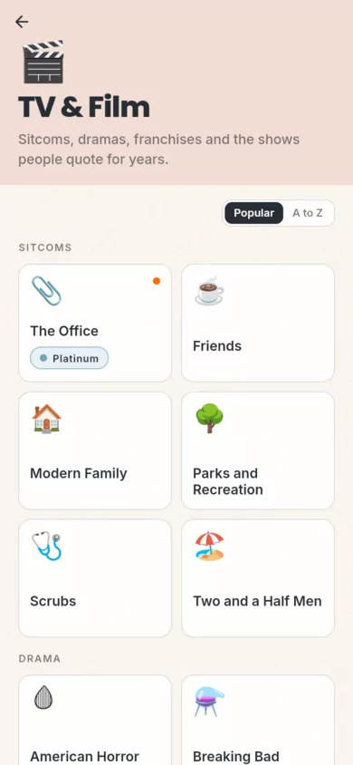 A category screen for TV and Film, with topic cards such as The Office and Friends.