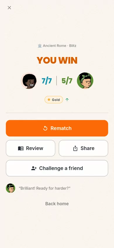 Result screen: You win, 7 of 7 against 5 of 7, a Gold tier badge, and a Rematch button.